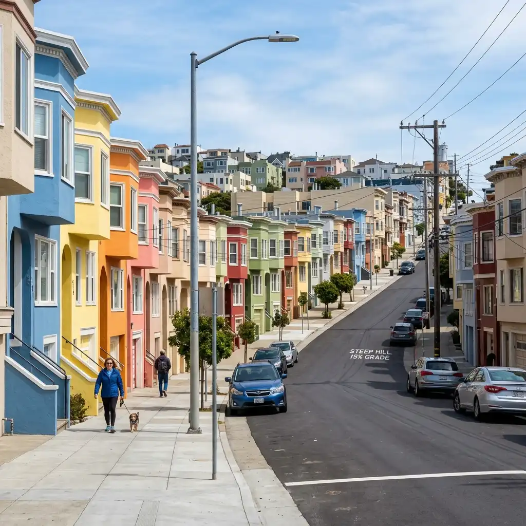 Colorful houses on sloped street