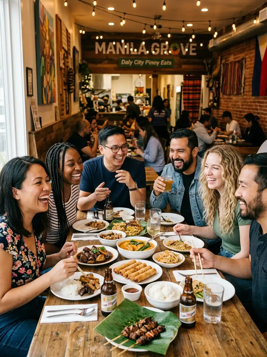 Friends laughing sharing meal