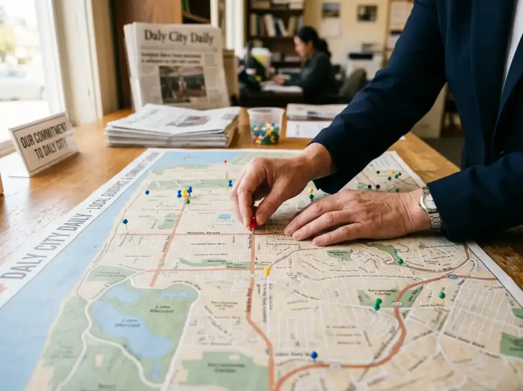 Hands pinning map of Daly