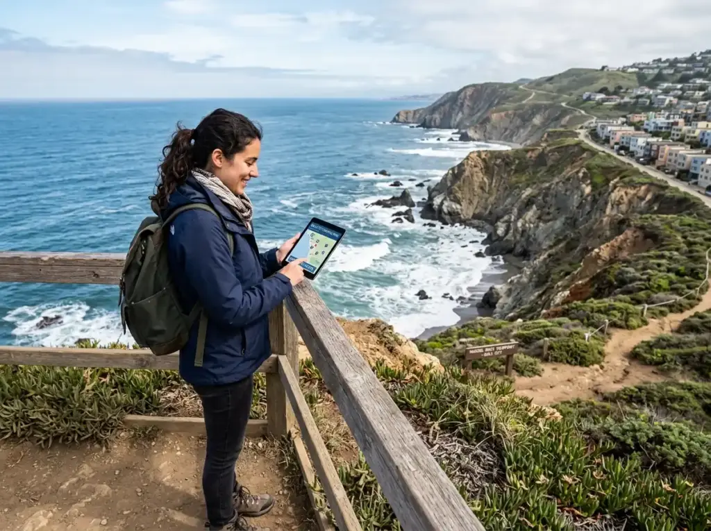 Traveler looking at tablet coastline